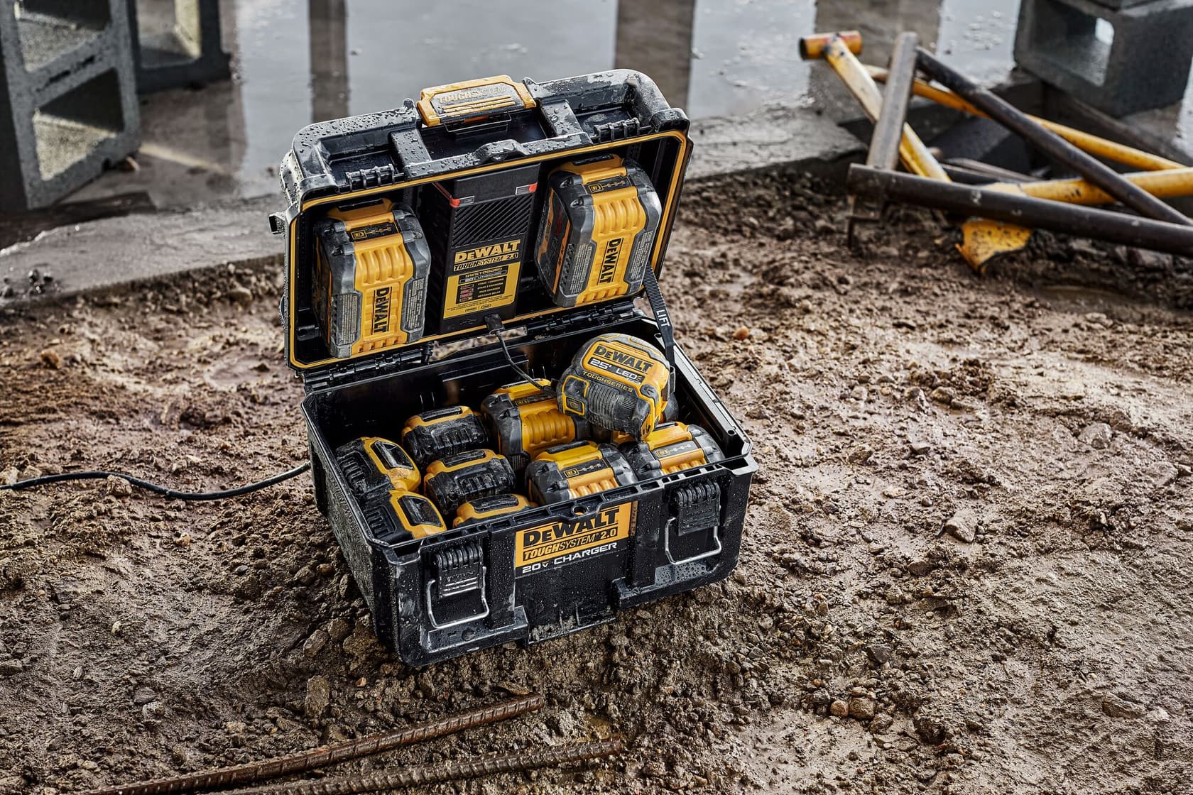 Un estuche de almacenamiento DEWALT ToughSystem 2.0 está abierto en un sitio de construcción embarrado, mostrando varias baterías y cargadores de herramientas eléctricas amarillos y negros en su interior.