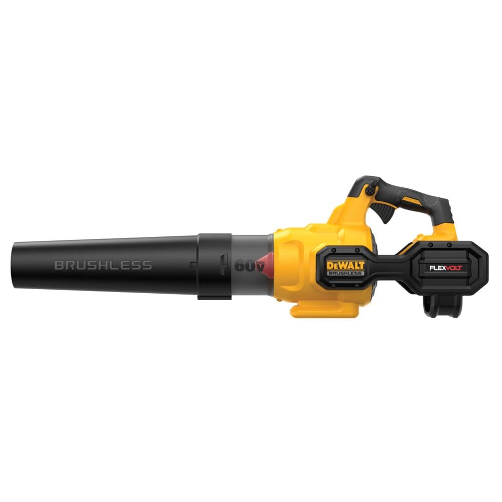 Un soplador de hojas inalámbrico DEWALT FLEXVOLT 60V sin escobillas en amarillo y negro, mostrado de lado.