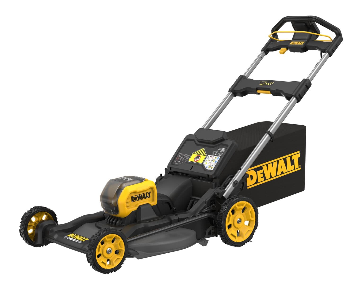 Cortacésped DEWALT inalámbrico con ruedas amarillas y bolsa negra, vista en ángulo sobre fondo blanco.