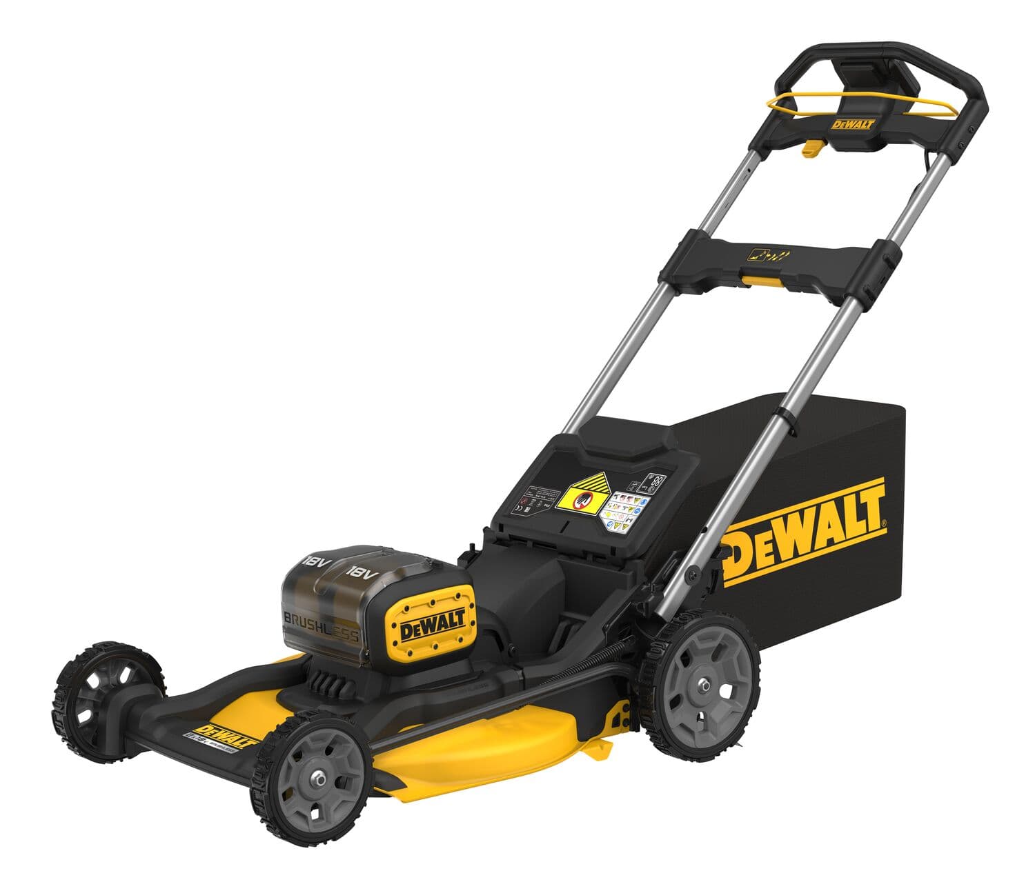 Cortacésped inalámbrico DEWALT negro y amarillo con ruedas grandes y caja trasera para césped.