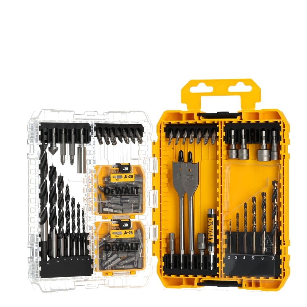 Juego de brocas y puntas DEWALT DT70785 en estuche amarillo, varios accesorios visibles.